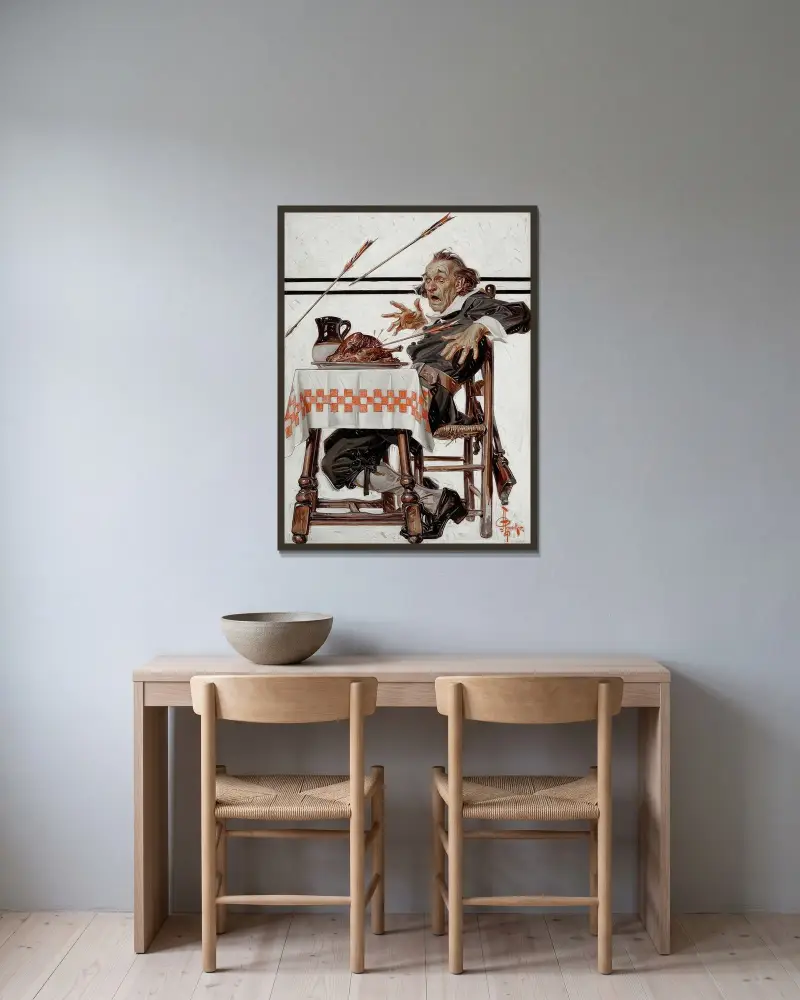 Skrämd pilgrim av Joseph Christian Leyendecker inramad på en vägg