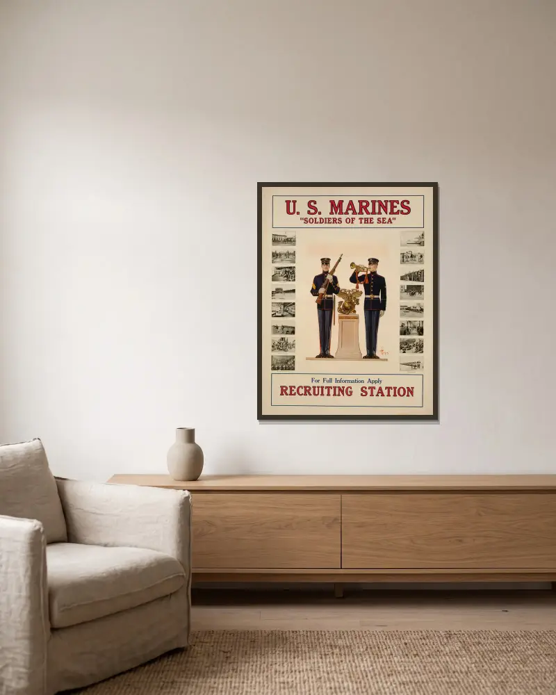 U.S. Marines ‘Soldiers of the sea’ av Joseph Christian Leyendecker inramad på en vägg