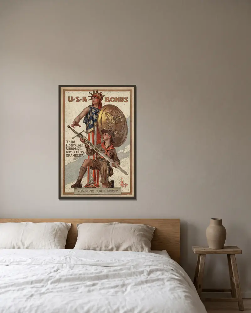 Weapons for liberty av Joseph Christian Leyendecker inramad på en vägg