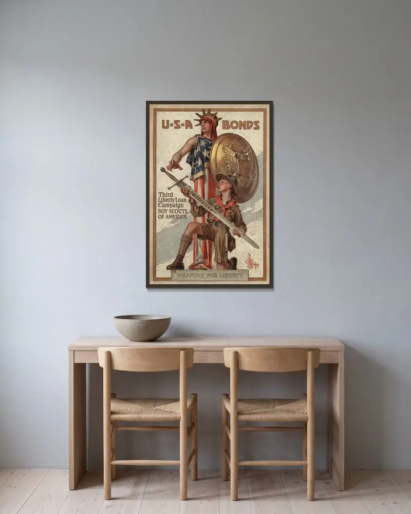 Weapons for liberty av Joseph Christian Leyendecker inramad på en vägg