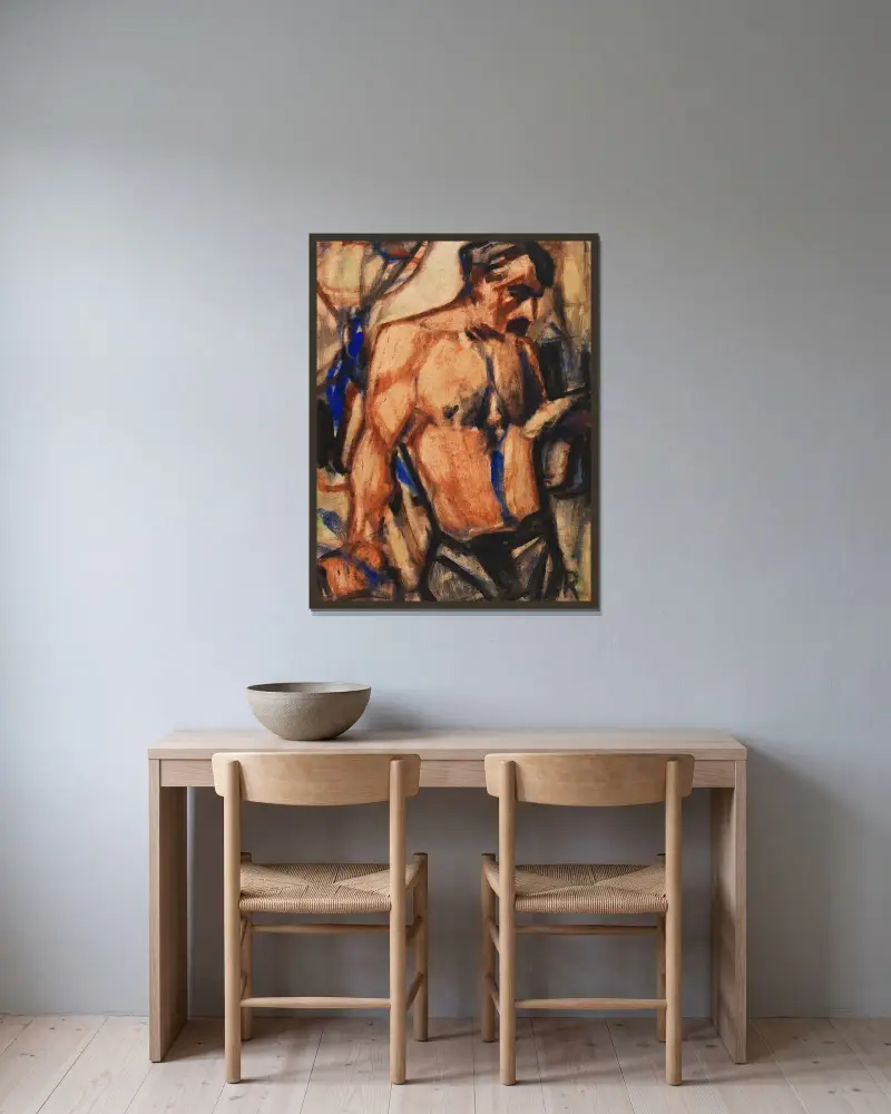 Arbetare med bar överkropp av Christian Rohlfs inramad på en vägg