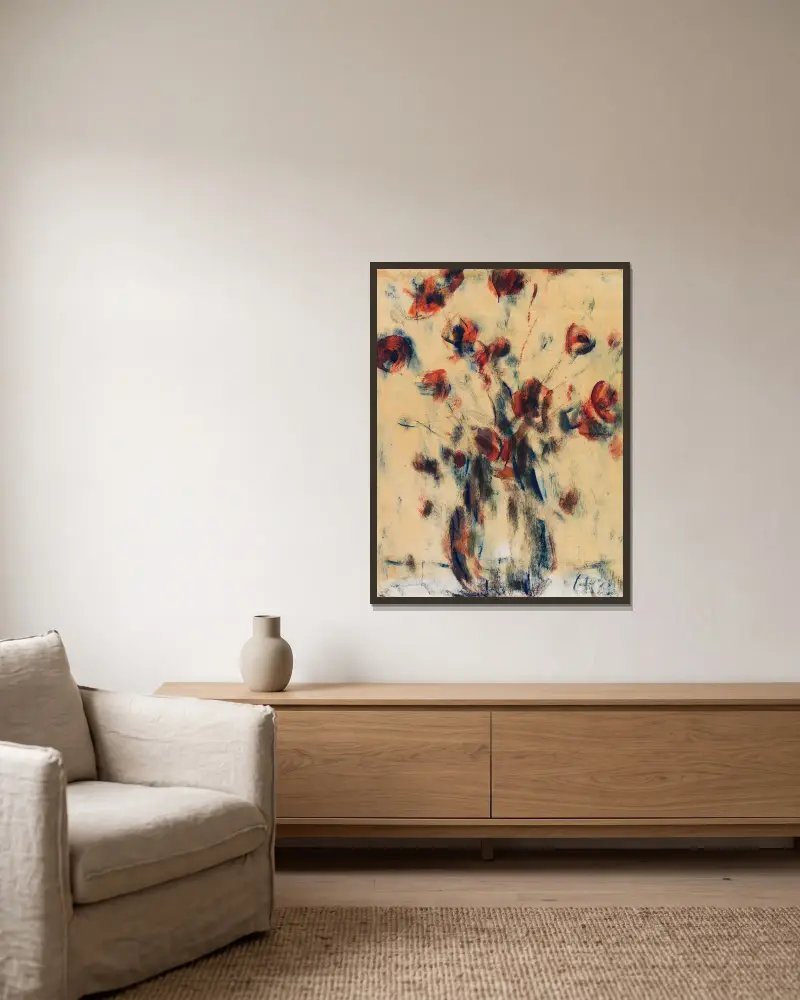 Feldmohn in blauer Vase av Christian Rohlfs inramad på en vägg