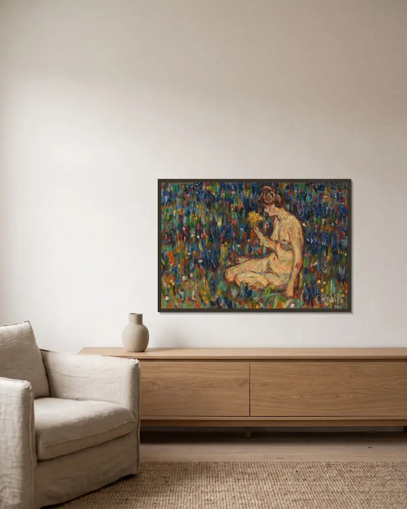 Kvinnoakt med gul blombukett (Flicka på ängen) av Christian Rohlfs inramad på en vägg