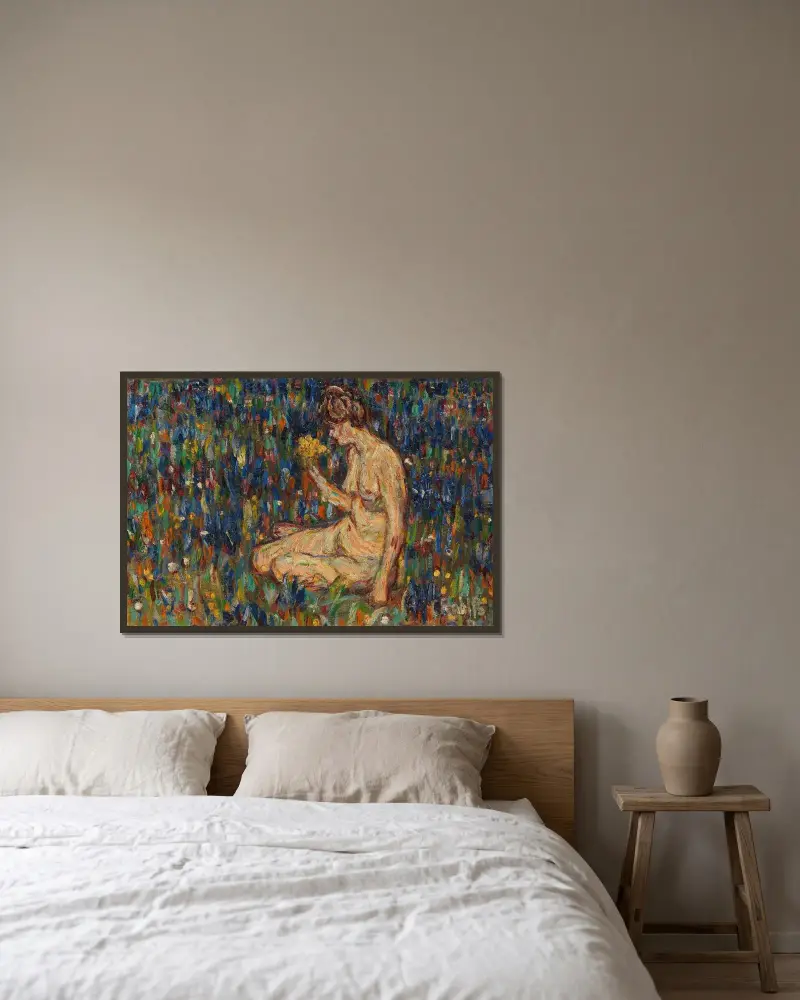 Kvinnoakt med gul blombukett (Flicka på ängen) av Christian Rohlfs inramad på en vägg