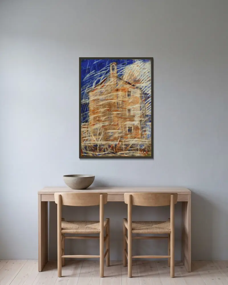 Kyrka i Tessin (Italienskt hus; Hus i Tessin) av Christian Rohlfs inramad på en vägg
