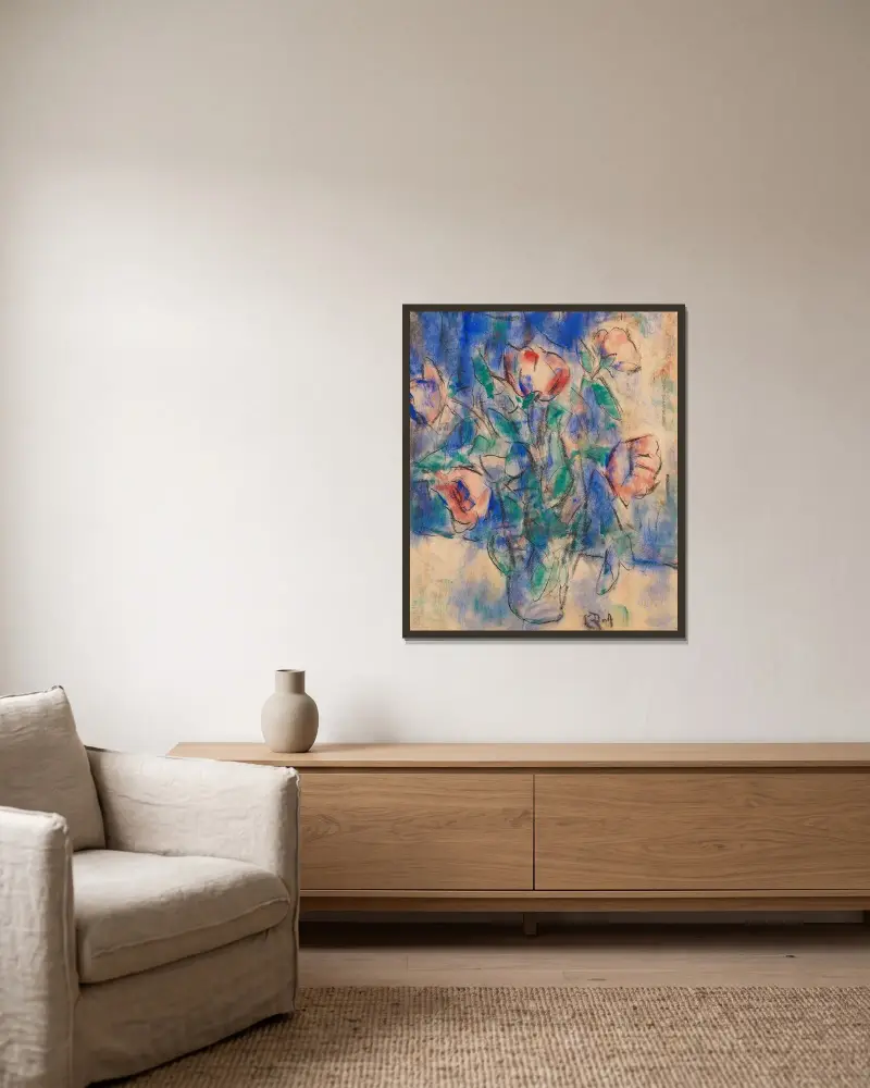 Röda blommor i en vas av Christian Rohlfs inramad på en vägg