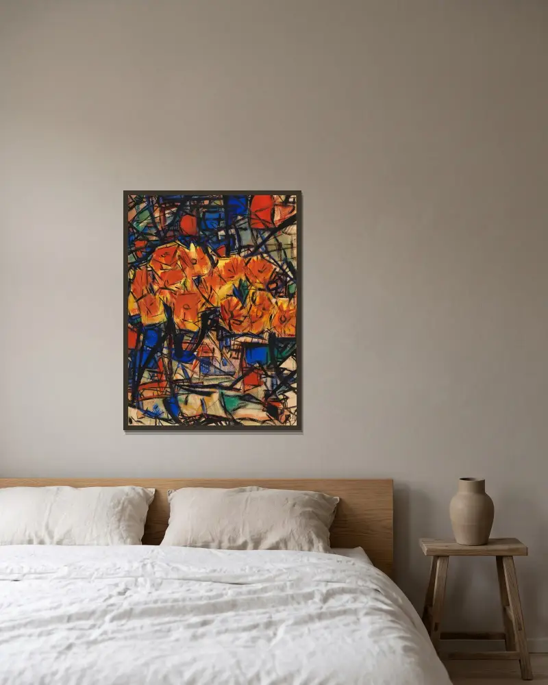Röda blommor i vas av Christian Rohlfs inramad på en vägg