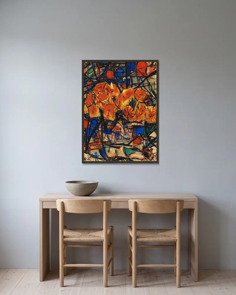 Röda blommor i vas av Christian Rohlfs inramad på en vägg