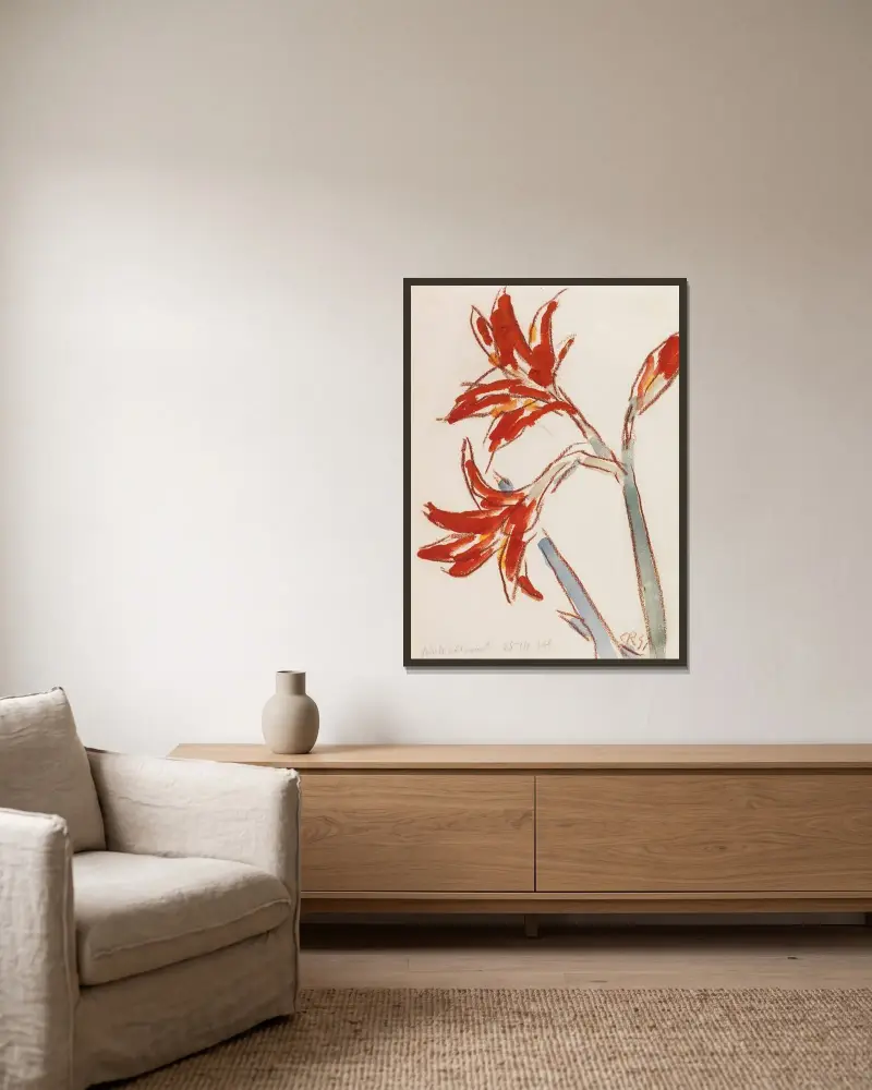 Röd amaryllis av Christian Rohlfs inramad på en vägg