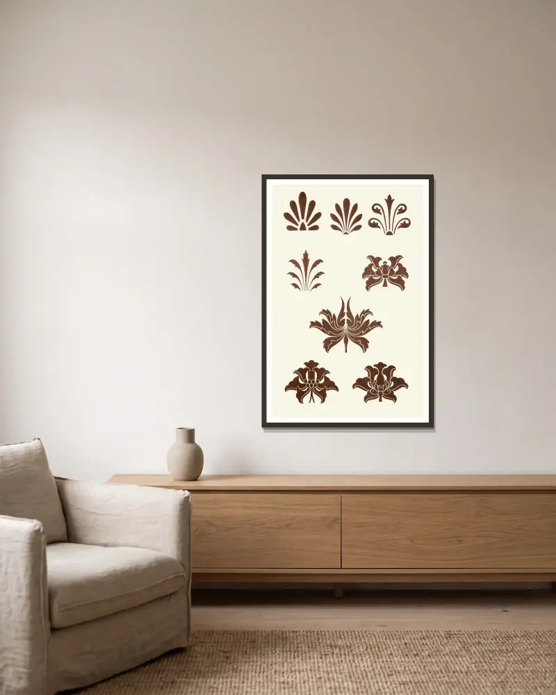 The Art of Decorative Design pl09 av Christopher Dresser inramad på en vägg