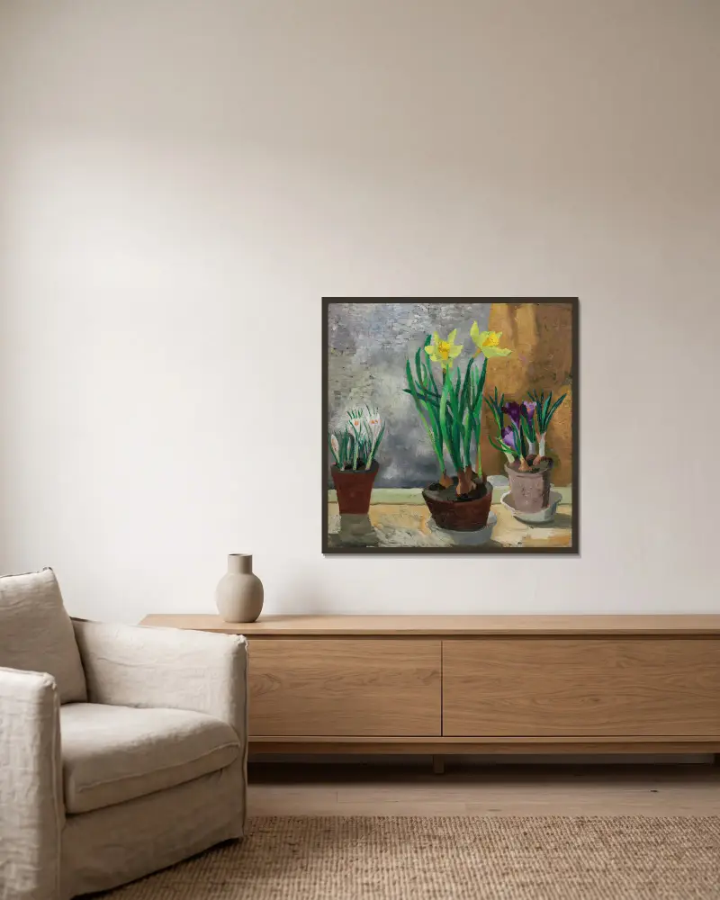 Crocuses and Daffodils in Pots av Christopher Wood inramad på en vägg