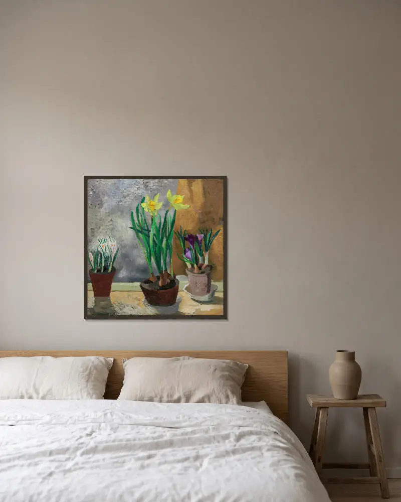 Crocuses and Daffodils in Pots av Christopher Wood inramad på en vägg