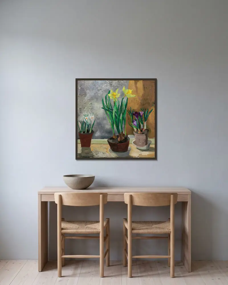 Crocuses and Daffodils in Pots av Christopher Wood inramad på en vägg