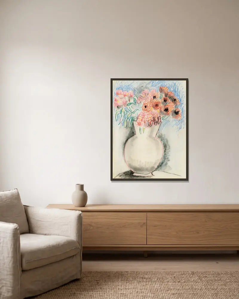 Pink Flowers in a Vase av Christopher Wood inramad på en vägg
