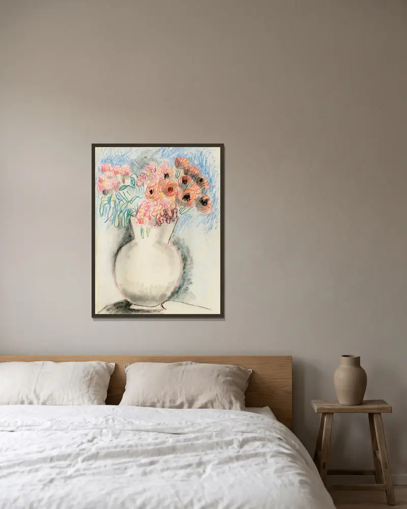 Pink Flowers in a Vase av Christopher Wood inramad på en vägg