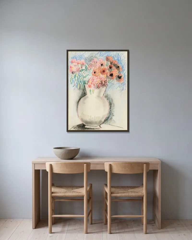 Pink Flowers in a Vase av Christopher Wood inramad på en vägg