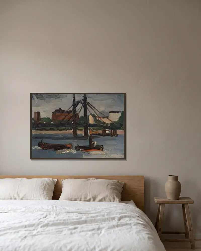 The Thames at Battersea av Christopher Wood inramad på en vägg