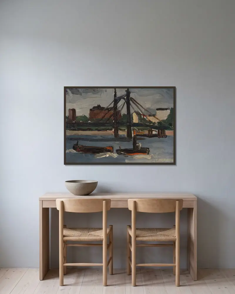 The Thames at Battersea av Christopher Wood inramad på en vägg
