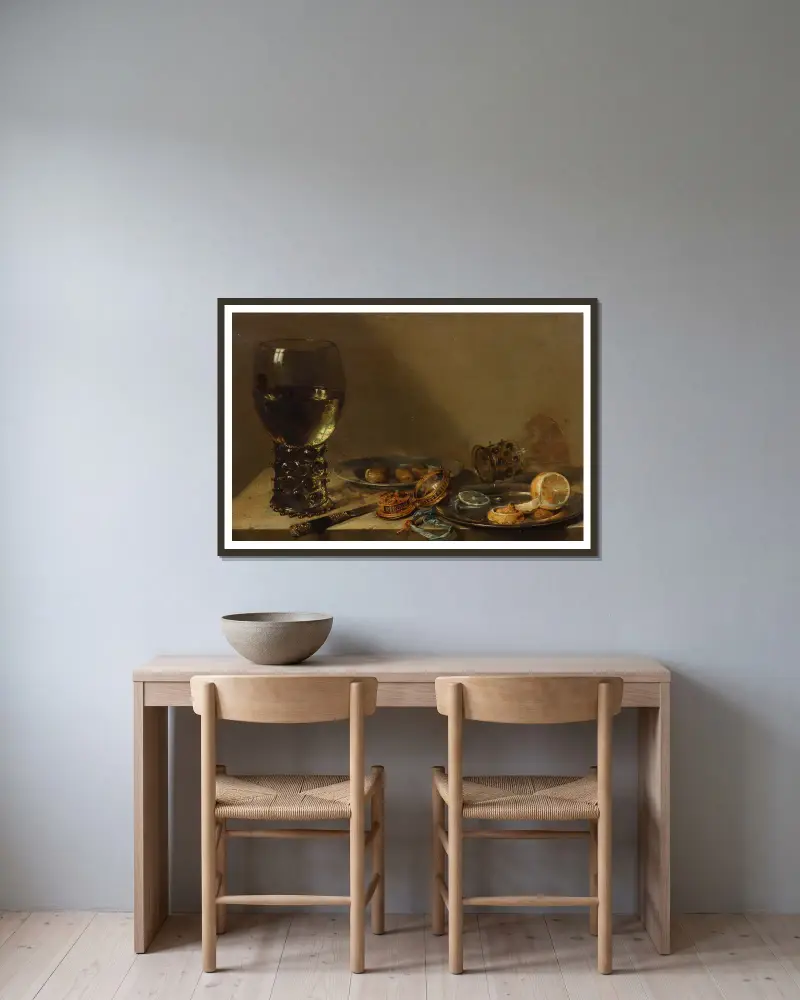 A large roemer, a silver knife, a gold pocket watch with blue ribbon, a pewter plate with a peeled lemon, with other objects on a ledge av Willem Claesz Heda inramad på en vägg