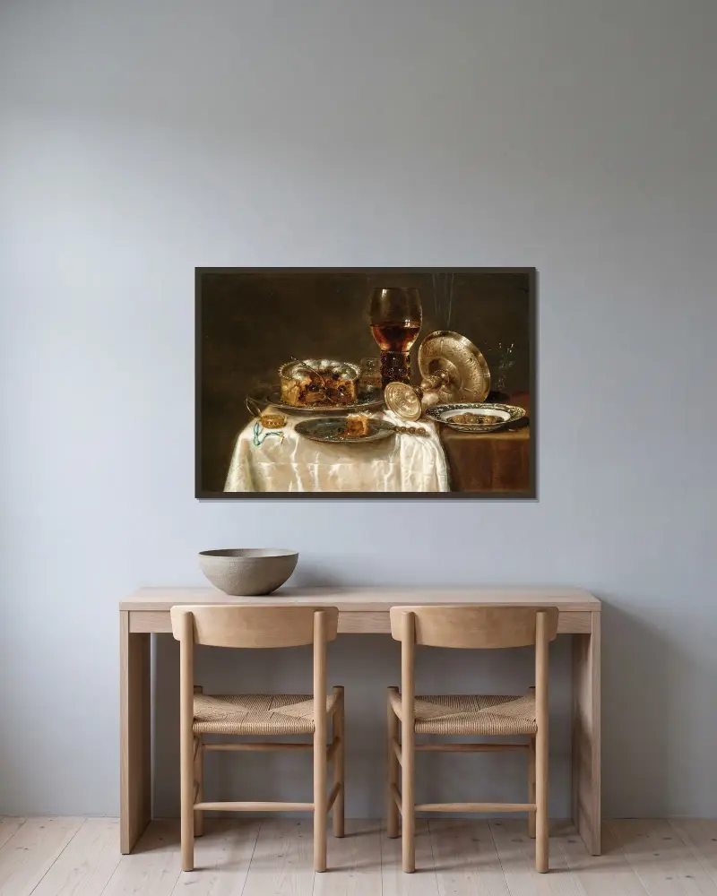 Olives in a blue and white porcelain bowl, a roemer, wine glasses, an overturned silver tazza and a meat-pie av Willem Claesz Heda inramad på en vägg