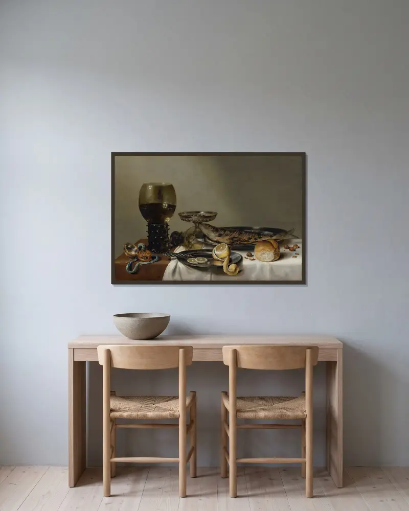 Still Life with a Roemer and Watch av Willem Claesz Heda inramad på en vägg