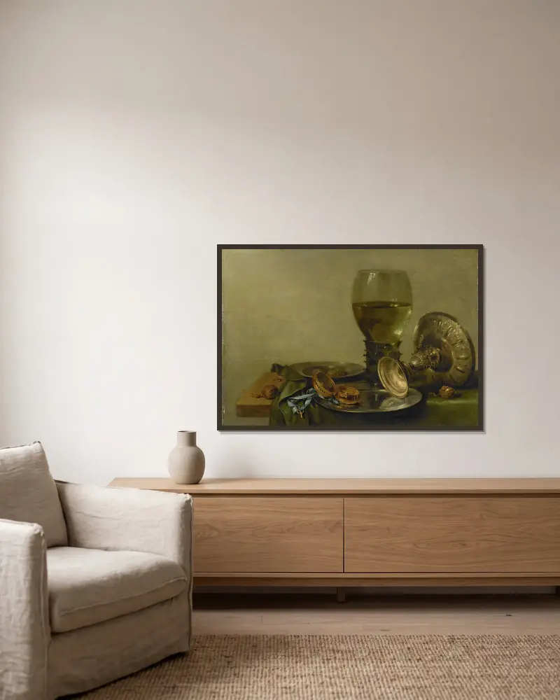 Still Life with Roemer and Silver Tazza av Willem Claesz Heda inramad på en vägg
