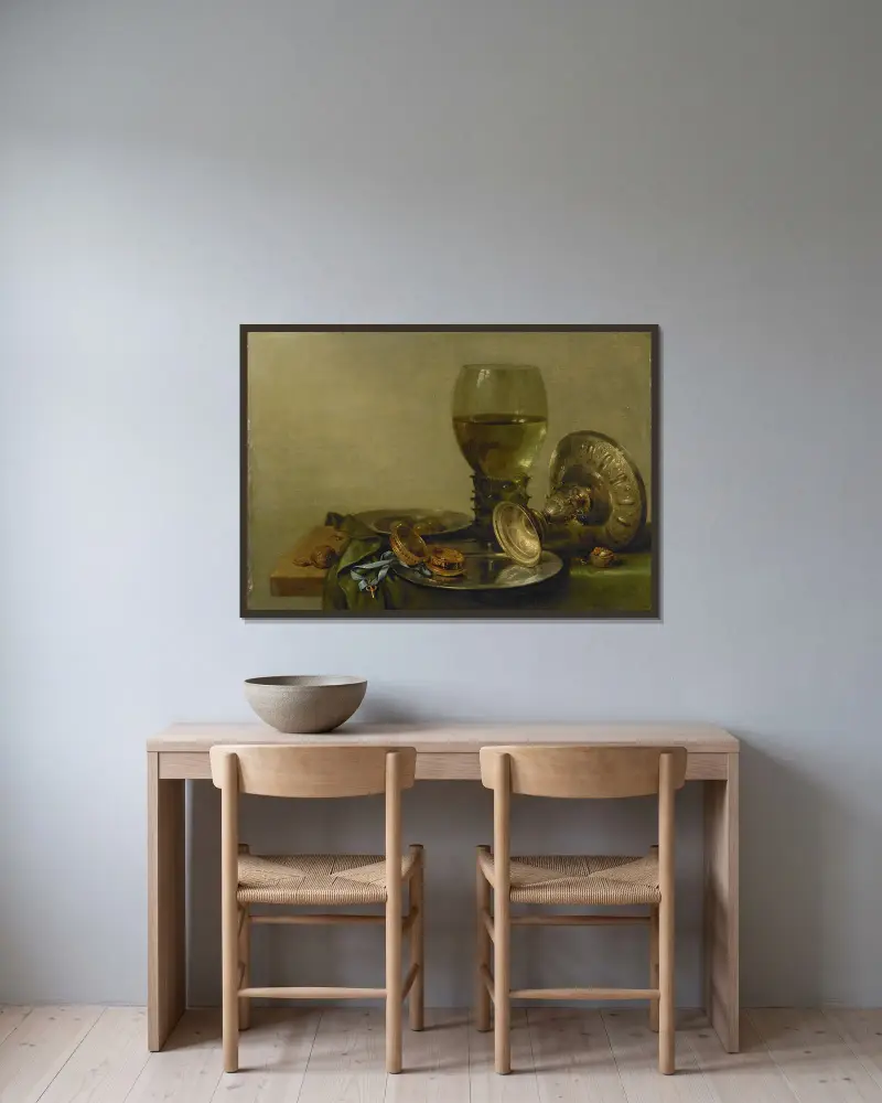 Still Life with Roemer and Silver Tazza av Willem Claesz Heda inramad på en vägg