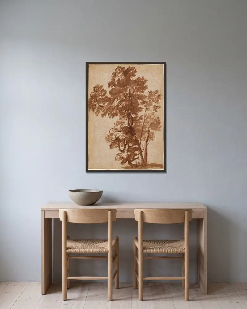 En grupp träd av Claude Lorrain inramad på en vägg