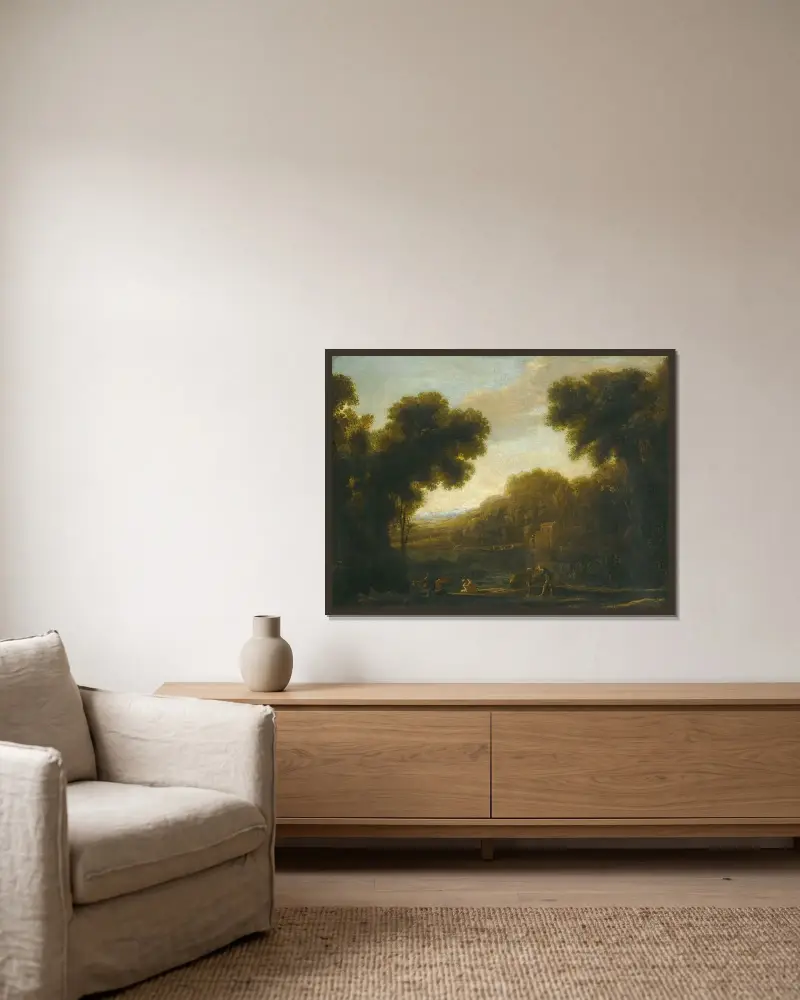 Flodlandskap med resenärer på stranden av Claude Lorrain inramad på en vägg