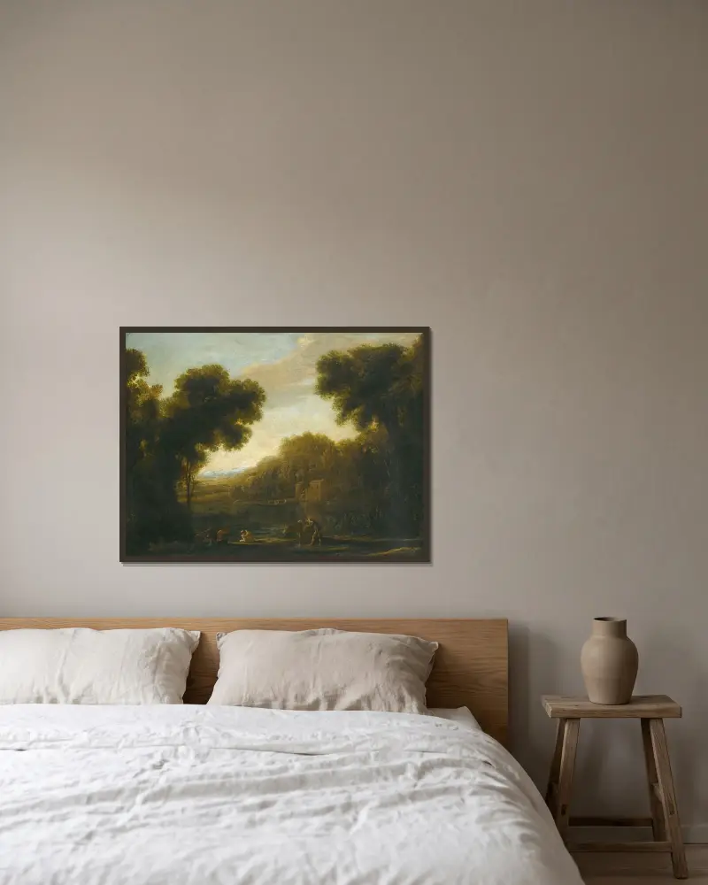 Flodlandskap med resenärer på stranden av Claude Lorrain inramad på en vägg
