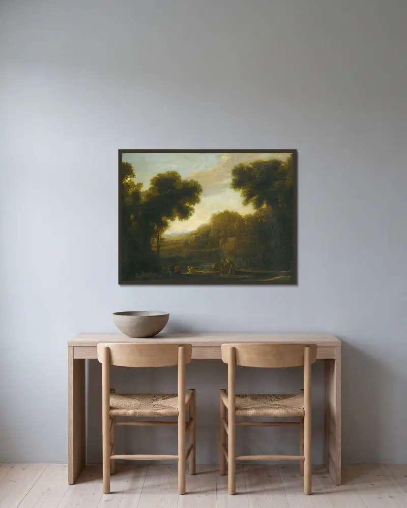 Flodlandskap med resenärer på stranden av Claude Lorrain inramad på en vägg