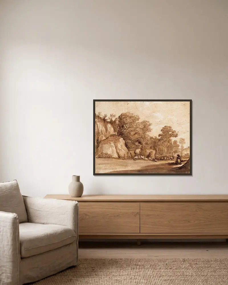 Eine felsige Hügellandschaft von Claude Lorrain gerahmt an einer Wand