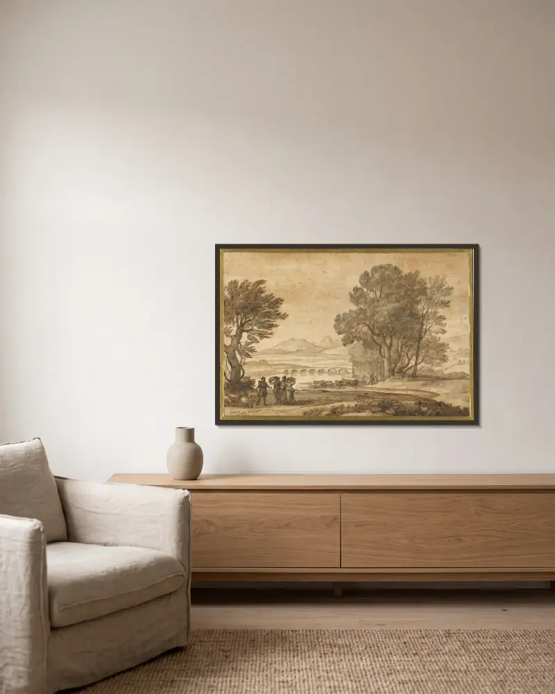 Ett skogbeklätt flodlandskap med Jakob, Laban och hans döttrar av Claude Lorrain inramad på en vägg