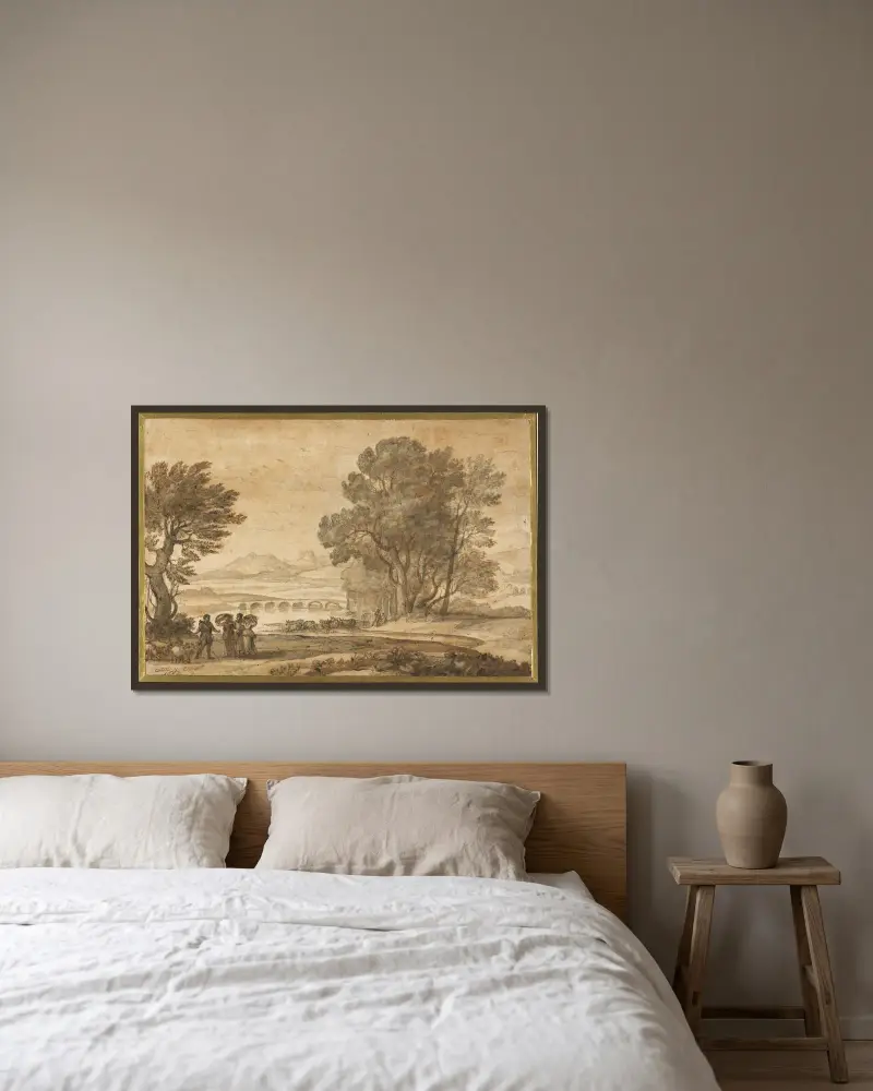 Ett skogbeklätt flodlandskap med Jakob, Laban och hans döttrar av Claude Lorrain inramad på en vägg
