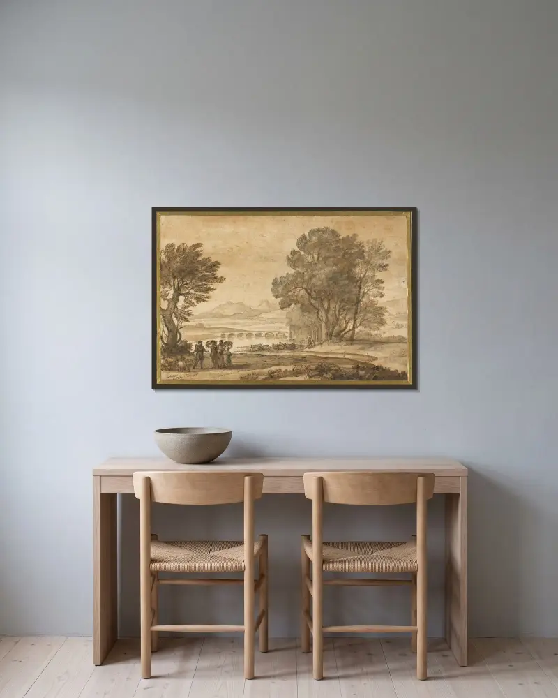 Ett skogbeklätt flodlandskap med Jakob, Laban och hans döttrar av Claude Lorrain inramad på en vägg