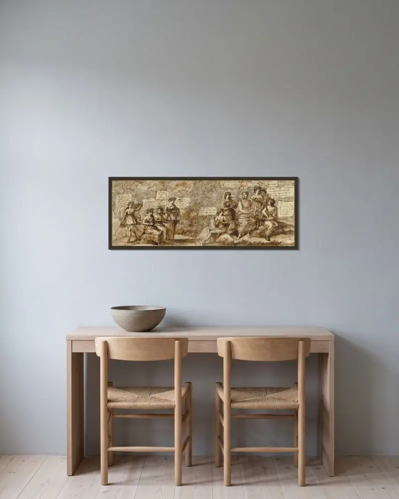 Apollo and the Muses av Claude Lorrain inramad på en vägg