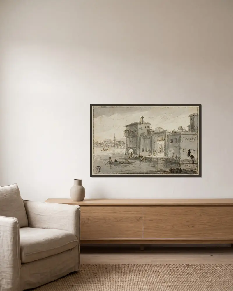 Byggnader vid lagunen av Claude Lorrain inramad på en vägg