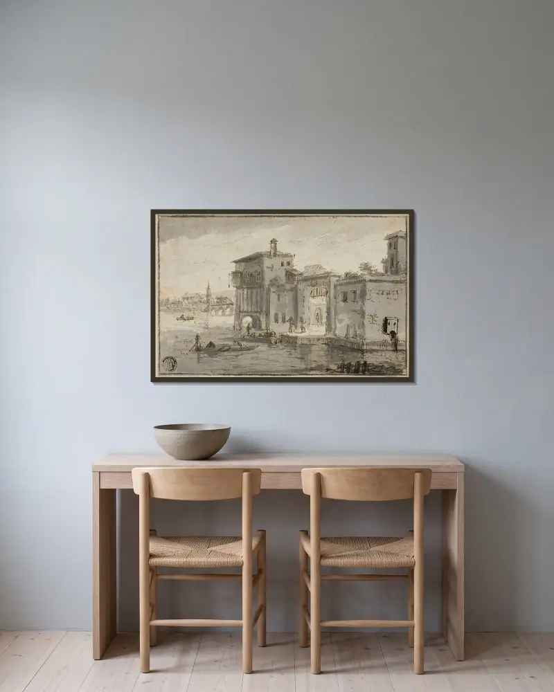 Byggnader vid lagunen av Claude Lorrain inramad på en vägg