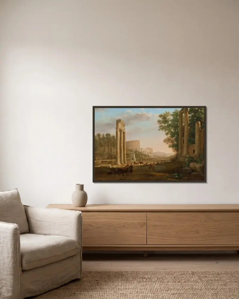 Capriccio med ruiner från Forum Romanum av Claude Lorrain inramad på en vägg