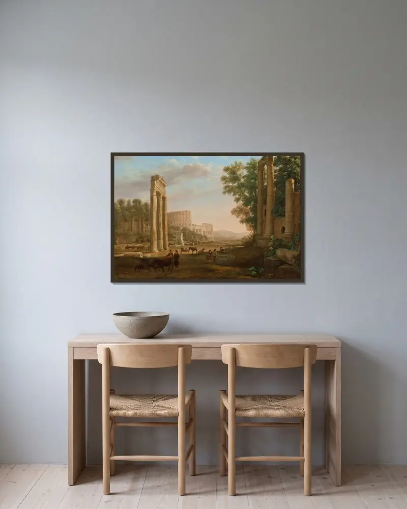 Capriccio med ruiner från Forum Romanum av Claude Lorrain inramad på en vägg