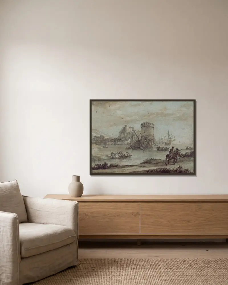Figurer i ett landskap framför en hamn av Claude Lorrain inramad på en vägg