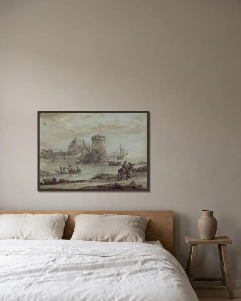 Figurer i ett landskap framför en hamn av Claude Lorrain inramad på en vägg