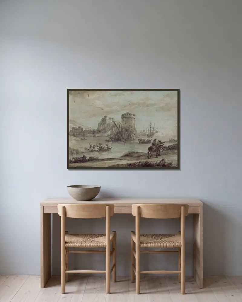 Figurer i ett landskap framför en hamn av Claude Lorrain inramad på en vägg
