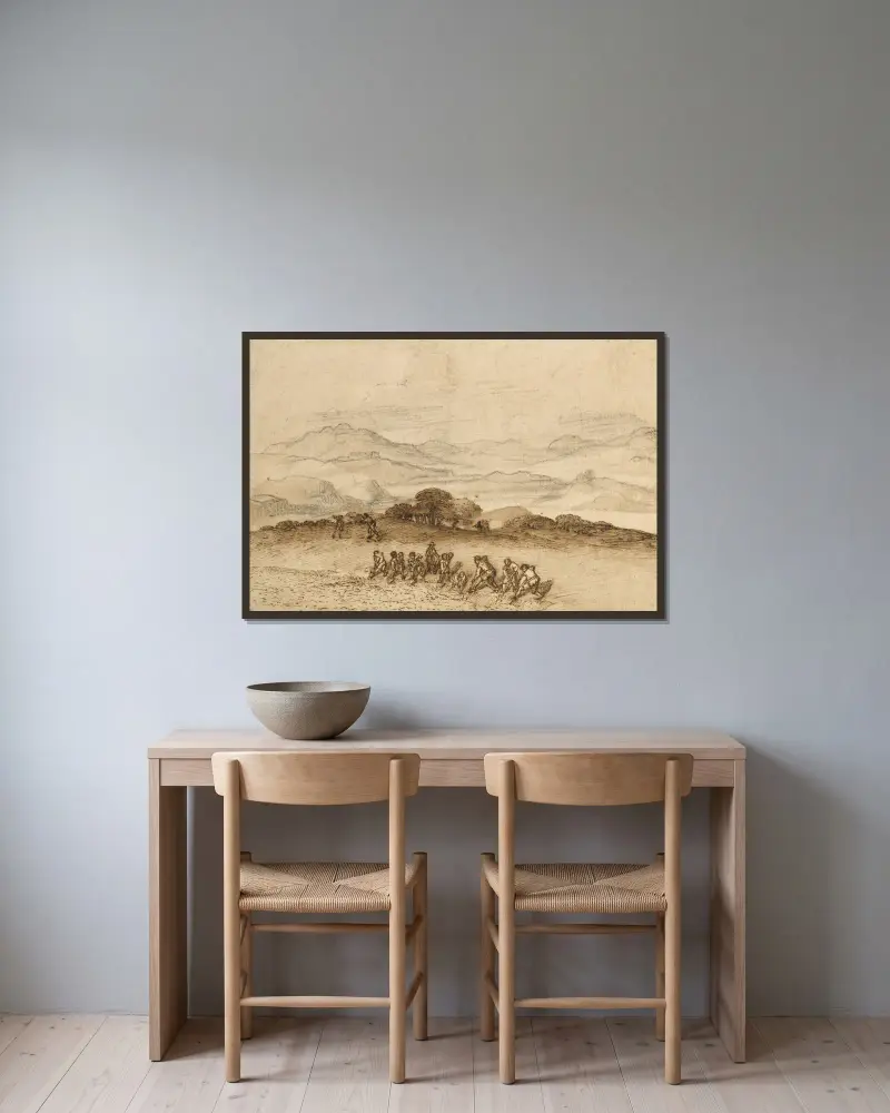Landscape in Latium with Farm Laborers av Claude Lorrain inramad på en vägg