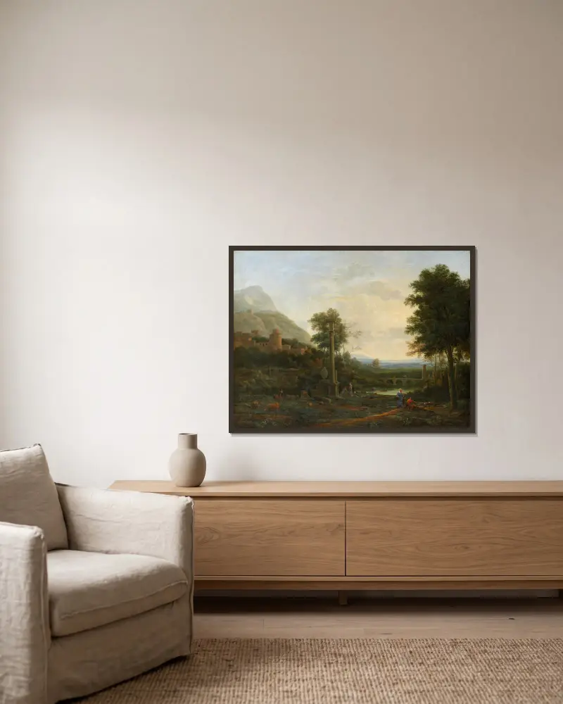 Landscape with a Column and Figures av Claude Lorrain inramad på en vägg