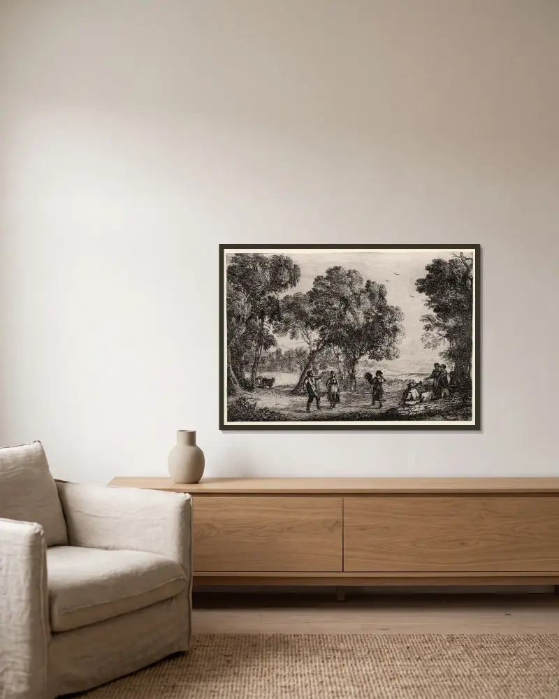 Landskap med lantlig dans av Claude Lorrain inramad på en vägg