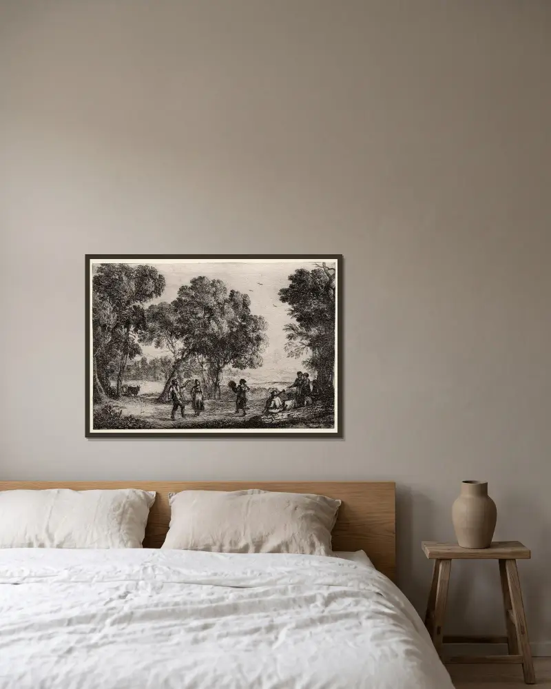 Landskap med lantlig dans av Claude Lorrain inramad på en vägg