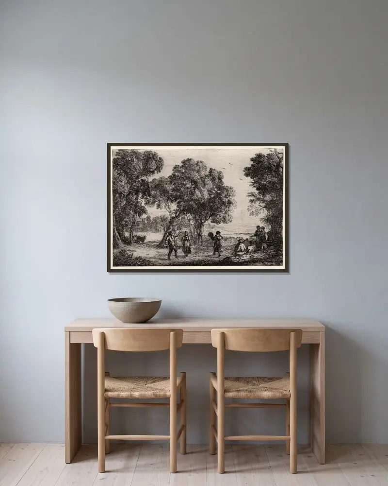 Landskap med lantlig dans av Claude Lorrain inramad på en vägg