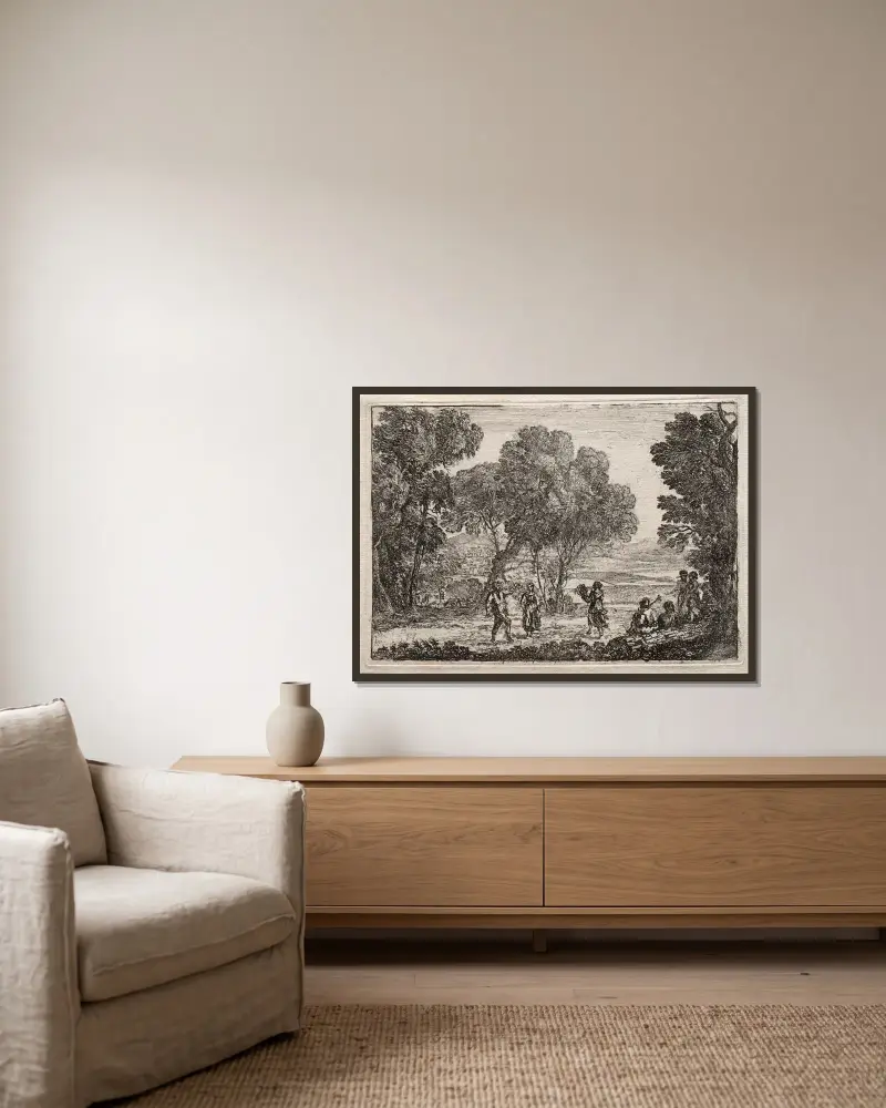 Landskap med lantlig dans av Claude Lorrain inramad på en vägg