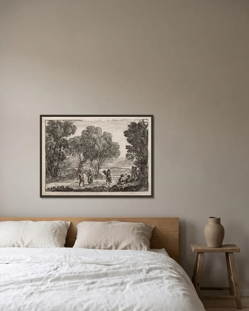 Landskap med lantlig dans av Claude Lorrain inramad på en vägg